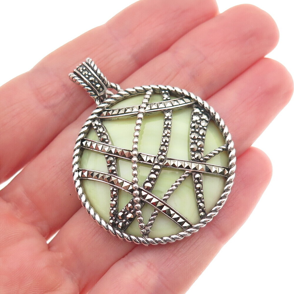 925 Sterling Silver Vintage Real Agate & Marcasite Modernist Disc Pendant